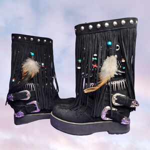 Current Mood Blackhawk Sedona Wedge Boots Black Fringe Rave Boho Black Womens 7M